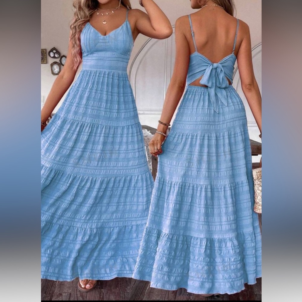 Boho white textured cutout tie back spaghetti straps maxi dress - Picture 7 of 7